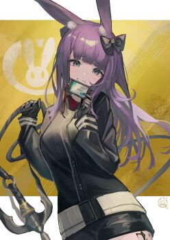 1girl animal_ear_fluff animal_ears arknights black_bow black_jacket bow breasts grappling_hook grey_eyes grin hair_bow hands_up hemorina highres holding id_card jacket long_hair long_sleeves looking_at_viewer material_growth oripathy_lesion_(arknights) rabbit_ears rabbit_girl rope_(arknights) smile solo yellow_background