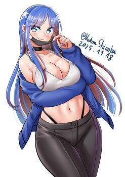 1girl absurdres black_choker black_mask black_panties black_pants blue_eyes blue_hair blue_jacket breasts choker cowboy_shot dated highleg highleg_panties highres jacket jacket_partially_removed kantai_collection katou_shinobu large_breasts long_hair multicolored_hair navel navel_piercing off_shoulder one-hour_drawing_challenge panties pants piercing red_hair simple_background smile solo south_dakota_(kancolle) sports_bra star_(symbol) stomach twitter_username underwear white_sports_bra