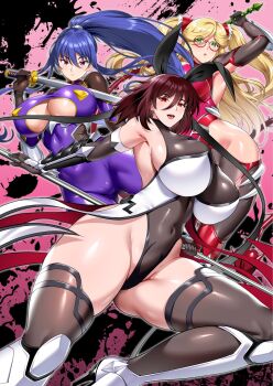 3girls akiyama_rinko arm_guards arm_up armored_boots armpits bare_shoulders blonde_hair blue_hair blush bodysuit boots bouncing_breasts breasts brown_gloves brown_hair cleavage closed_mouth clothing_cutout covered_erect_nipples covered_navel elbow_gloves fishnets floating_hair flower foot_out_of_frame gauntlets glasses gloves green_eyes grey_leotard hair_between_eyes hair_ribbon high_ponytail highres holding holding_sword holding_weapon hozumi_kenji huge_breasts impossible_bodysuit impossible_clothes impossible_leotard katana kosaka_shizuru large_breasts leotard long_hair looking_at_viewer mizuki_shiranui multiple_girls ponytail purple_bodysuit purple_eyes red_bodysuit red_eyes ribbon shiny_clothes shiny_skin skin_tight skindentation smile sword taimanin_(series) taimanin_suit taimanin_yukikaze taimanin_yukikaze_2 thighhighs thighs twintails underboob underboob_cutout weapon whip wide_hips