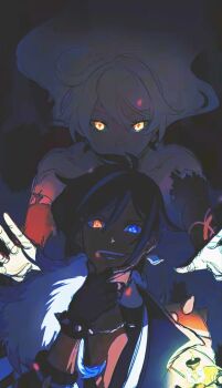 1boy 1girl antenna_hair arms_up artist_request asmoday_(genshin_impact) bare_shoulders behind_another blue_hair bracelet chinese_commentary collarbone colored_skin commentary_request cube dark dark-skinned_male dark_room dark_skin evil_smile fingerless_gloves floating floating_hair fur_trim genshin_impact gloves glowing glowing_eyes grey_hair hair_between_eyes hair_floating_upwards hand_on_own_chin head_tilt heterochromia highres jewelry kaeya_(genshin_impact) light_particles long_hair looking_at_viewer multicolored_hair multicolored_skin open_mouth orange_eyes reaching reaching_towards_another second-party_source shade side_ahoge smile spiked_bracelet spikes standing star_(symbol) streaked_hair symbol_in_eye teeth two-tone_skin upper_body wavy_hair