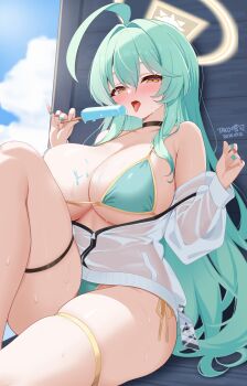 1girl ahoge aqua_bikini aqua_hair bikini black_choker blue_archive blush breasts choker cleavage commentary food hair_between_eyes halo highres holding holding_food holding_popsicle huge_breasts ineedu041_tako knee_up long_hair melting_popsicle off_shoulder open_mouth partially_unzipped popsicle see-through_clothes see-through_shirt shirt sitting sweat swimsuit thigh_strap thighs tongue tongue_out white_shirt yellow_eyes yellow_halo yume_(blue_archive)