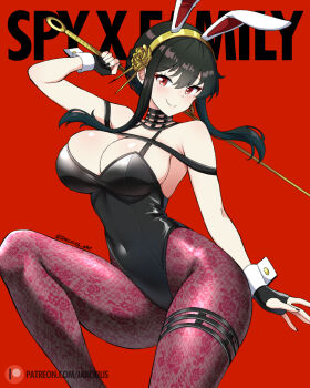 1girl animal_ears artist_name black_hair black_leotard black_nails breasts choker closed_mouth covered_navel dagger eyebrows_hidden_by_hair fake_animal_ears fingerless_gloves gloves gold_hairband hairband highleg highleg_leotard holding holding_dagger holding_knife holding_weapon jarckius knife large_breasts leotard looking_at_viewer pantyhose patreon_logo patreon_username playboy_bunny purple_pantyhose rabbit_ears red_eyes short_hair_with_long_locks signature smile spy_x_family weapon wrist_cuffs yor_briar