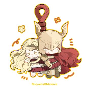 &gt;_&lt; 1boy 1girl androgynous armor blonde_hair brother_and_sister character_name chibi chibi_only cloak covered_eyes elden_ring gold_armor helmet helmet_over_eyes highres long_hair malenia_blade_of_miquella miquella_(elden_ring) parted_bangs red_cloak red_hair robe siblings white_background white_robe winged_helmet wintercoming42