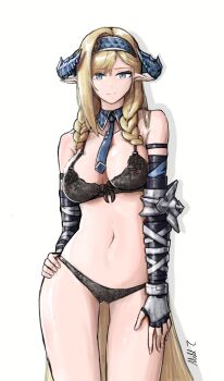 1girl absurdres alternate_costume arknights arm_strap armor asymmetrical_hair black_bra black_gloves black_panties blonde_hair blue_hairband blue_necktie bra braid breasts cameltoe cleavage closed_mouth commentary contrapposto cowboy_shot detached_collar dragon_horns drop_shadow elbow_gloves fingerless_gloves gloves grey_eyes hairband hand_on_own_hip highres horns light_smile long_hair looking_at_viewer medium_breasts mildt navel necktie panties parted_bangs pointy_ears saileach_(arknights) side_braids signature simple_background single_hair_intake solo standing stomach twin_braids underwear underwear_only very_long_hair white_background wing_collar