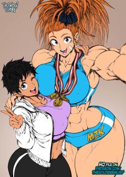 2girls abs armpits black_hair blue_eyes breasts captain_mizuki cleavage eyelashes female_focus huge_breasts jacket large_breasts long_hair looking_at_viewer medal multiple_girls muscular muscular_female one-punch_man one_eye_closed open_mouth orange_hair selfie short_hair size_difference smile standing suiko_(one-punch_man) tall_female the_golden_smurf thick_thighs thighs v white_jacket wide_hips wink