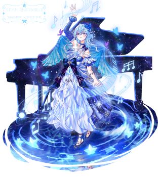 1girl alternate_costume arm_garter arm_up bare_shoulders beamed_eighth_notes blue_choker blue_dress blue_hair blue_shoes breasts butterfly_hair_ornament choker colored_eyelashes commentary_request detached_sleeves dress floating_drapes full_body grand_piano hair_ornament highres hitsuki_(ruon) instrument large_breasts light_blush long_dress long_hair musical_note parted_lips piano purple_eyes shoes shorekeeper_(wuthering_waves) single_detached_sleeve solo white_background wuthering_waves