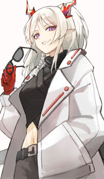Rule 34 | 1girl, absurdres, arknights, black pants, black shirt, clenched teeth, colored extremities, colored skin, commentary request, cowboy shot, dragon horns, highres, holding, holding removed eyewear, horns, jacket, long hair, looking at viewer, multicolored hair, navel, nian (arknights), open clothes, open jacket, pants, parted bangs, pointy ears, purple eyes, red hair, red hands, shirt, simple background, smile, solo, streaked hair, teeth, unworn eyewear, white background, white hair, white jacket, yagi000