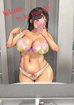 1girl black_hair blush bra bra_pull breasts cellphone cleavage clothes_pull covering_face english_text floral_print floral_print_bra green_eyes hair_ornament hairclip heart highres holding holding_phone large_breasts lingerie long_hair mature_female mirror mirror_selfie mirrored_text original panties phone phone_over_face plump selfie smartphone solo standing sweat tamayacinema_(artist) underwear white_bra white_panties wide_hips