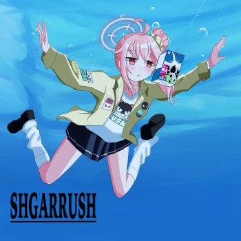 1girl ahoge air_bubble album_art album_cover album_cover_redraw black_skirt blowing_bubbles blue_archive blush bubble collarbone cover derivative_work drink_carton hair_flaps halo hands_up jacket logo_print milk milk_carton natsu_(band)_(blue_archive) natsu_(blue_archive) nevermind nirvana_(band) official_alternate_costume one_side_up pleated_skirt red_eyes shirt shoes skirt socks solo submerged swimming tsukasaoekaki underwater white_shirt yellow_jacket