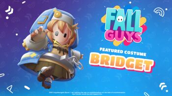 Rule 34 | 1boy, angusburgers, black eyes, blonde hair, blue background, boots, bridget (guilty gear), chevron (symbol), english text, fall guy, fall guys, gloves, guilty gear, guilty gear strive, highres, hood, parody, partially fingerless gloves, solo