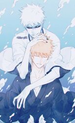 Rule 34 | 2boys, air bubble, artist name, black nails, black sclera, black shirt, bleach, bubble, collarbone, colored sclera, colored skin, evil smile, hair between eyes, hand on another&#039;s head, highres, hollow ichigo, japanese clothes, kimono, kurosaki ichigo, looking at viewer, male focus, multiple boys, obi, parted lips, sash, shihakusho, shirt, smile, spiked hair, twitter username, underwater, wdberry0715, white eyes, white hair, white shirt, white skin, wide sleeves