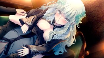 1boy 1girl black_dress black_necktie blush breasts breasts_out clothed_sex cowgirl_position dress dutch_angle enjou_gakuen_2 game_cg green_hair grey_eyes highres long_hair m&amp;m_(mickey_and_mackey) necktie sentouin_ruka sex straddling wavy_hair