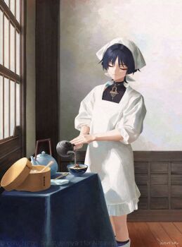 1boy apollo_hotori apron black_bodysuit black_hair blunt_ends bodysuit bowl chopsticks closed_eyes closed_mouth dated eel eyeliner eyeshadow facing_down fine_art_parody food genshin_impact highres holding holding_kettle indoors kappougi kettle makeup male_focus mandarin_collar parody pouring red_eyeliner red_eyeshadow rice scaramouche_(genshin_impact) shimi_chazuke_(genshin_impact) shoulder_peek solo soup table tablecloth tea tenugui the_milkmaid three-quarter_sleeves twitter_username wanderer_(genshin_impact) white_sleeves wooden_floor