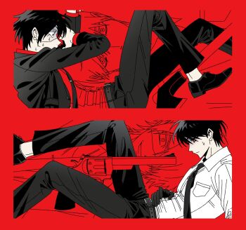 Rule 34 | 2boys, axe, belt, black belt, black gloves, black hair, black jacket, black necktie, black pants, black shoes, black socks, border, closed mouth, collared shirt, dress shoes, eyepatch, eyeshadow, eyeshadow under eye, formal clothes, from side, g6uwdwtfe017969, gloves, grin, gun, hair over one eye, hand on own stomach, handgun, highres, jacket, light frown, limited palette, long sleeves, looking ahead, looking at viewer, lying, makeup, male focus, multiple boys, necktie, on back, ooe (game), oosaki (ooe), open clothes, open jacket, pale skin, pants, parted hair, red background, red border, red eyes, red eyeshadow, red shirt, red theme, scared, shinbashi (ooe), shirt, shoes, short hair, slit pupils, smile, socks, suit, sweat, sweatdrop, tie clip, turn pale, weapon, white shirt, white socks, wide-eyed, wing collar