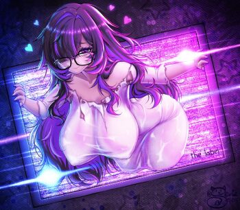 Rule 34 | 1girl, bare shoulders, black-framed eyewear, blush, breasts, collarbone, covered erect nipples, dress, glasses, goddess of victory: nikke, hair intakes, hair over one eye, hanging breasts, huge breasts, impossible clothes, impossible dress, label (nikke), large breasts, long hair, looking at viewer, messy hair, multicolored hair, purple eyes, purple hair, purple nails, screen, sevie, smile, solo, streaked hair, television, through medium, through screen, through wall, torn clothes, torn dress, torn sleeves, very long hair, white dress