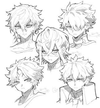 5boys artist_name asclepius_(fate) bags_under_eyes charles-henri_sanson_(fate) collared_shirt expressionless fate/grand_order fate_(series) frown galahad_(fate) gorget hair_between_eyes hair_over_one_eye head_only high_collar highres kadoc_zemlupus long_sidelocks medium_hair monochrome multiple_boys piercing scar scar_on_face scar_on_forehead shirt short_hair sidelocks spiked_hair toudou_heisuke_(fate) yousai_shirokuma