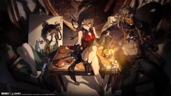 1boy 2girls absurdres arm_support bare_shoulders black_boots black_cape black_gloves black_hair black_pants black_shorts boots braid braided_hair_rings breasts brown_hair buzhichun_(xinyue_tongxing) cape chair cleavage clothing_cutout copyright_name copyright_notice cup dark_background double_bun dress elbow_gloves fingerless_gloves flip-flops flower from_above gloves glowing green_dress hair_bun hair_flower hair_ornament hair_rings highres holding holding_cup holding_pendulum huge_filesize jingui_(xinyue_tongxing) logo looking_at_viewer low_ponytail mask mouth_mask multiple_girls official_art official_wallpaper on_chair on_table open-toe_boots orange_eyes pants pendulum ponytail red_shirt sandals shirt shorts sitting table teacup teapot toned toned_male v-shaped_eyebrows xinyue_tongxing