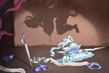 1girl anal breasts dress grabbing_another's_breast groping highres implied_nudity lactation large_breasts original panties restrained satou_kuuki second-party_source shadow shoes solo spread_legs suspension sword tentacle_sex tentacles underwear unworn_clothes unworn_dress unworn_panties unworn_shoes vaginal weapon