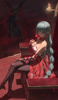 1girl absurdres bandage_over_one_eye bandaged_arm bandages bare_shoulders black_pantyhose braid closed_mouth commentary crossed_legs dress earrings flower from_side grey_hair highres holding holding_flower jewelry long_hair looking_at_viewer low_twin_braids pantyhose phrolova_(wuthering_waves) red_dress red_flower red_pupils red_sleeves sidelocks single_sleeve sitting sitting_on_throne smile solo spider_lily tacet_discord_(wuthering_waves) throne toroe02 twin_braids very_long_hair white_eyes wuthering_waves