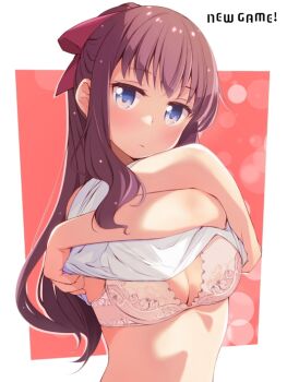 1girl blue_eyes blush bra breasts brown_hair chuutaro_metal cleavage commentary_request copyright_name embarrassed expressionless hair_ribbon large_breasts long_hair looking_at_viewer new_game! nose_blush pink_bra red_ribbon ribbon shirt short_sleeves sidelocks simple_background solo takimoto_hifumi underwear undressing upper_body white_background white_shirt