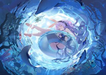 1girl animal_ears backless_swimsuit barefoot black_ribbon blue_one-piece_swimsuit breasts cleavage frilled_innertube frills from_below game_cg grey_eyes grin hair_ribbon highres innertube large_breasts looking_at_viewer non-web_source official_art one-piece_swimsuit purple_hair rabbit_ears rabbit_tail regal_blue_tang ribbon shia_(stella_sora) smile soles solo stella_sora swim_ring swimsuit tail toes transparent_innertube underwater