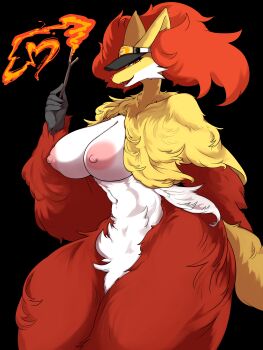 1girl absurdres animal_ear_fluff animal_ears animal_nose artist_name black_background black_hat body_fur breasts clothed_pokemon collarbone cowboy_shot dated delphox delphox_(orange_unite) female_focus fire fox_ears fox_girl fox_tail furry furry_female gen_6_pokemon half-closed_eyes hand_up happy hat heart highres holding holding_stick large_breasts looking_at_viewer mature_female mole mole_under_eye multicolored_fur navel nintendo nipples open_mouth poke_ball_symbol pokemon pokemon_(creature) pokemon_unite profile pyrokinesis red_eyes red_fur sharp_teeth signature simple_background smile snout solo standing stick stomach tail taphris teeth thick_thighs thighs visor_cap white_fur wide_hips yellow_fur