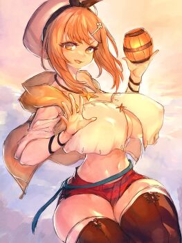 1girl :d atelier_(series) atelier_ryza barrel belt beret bomb bow bracelet breasts brown_belt brown_eyes brown_footwear brown_hair explosive fumio_(rsqkr) hair_ornament hairclip hat hat_bow highres jacket jewelry large_breasts looking_to_the_side necklace open_clothes open_jacket open_mouth outdoors potion pouch red_shorts reisalin_stout shirt short_hair short_shorts shorts sleeveless sleeveless_jacket smile solo star_(symbol) star_necklace thick_thighs thigh_pouch thighhighs thighs underboob white_hat white_shirt white_thighhighs yellow_jacket