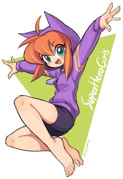 barbara_gordon barefoot batgirl bike_shorts dc_super_hero_girls highres hood hoodie oyatsu_(mk2) simple_background toes