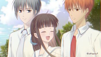 1girl 2boys akigure1 brown_hair closing_eyes cloud fruits_basket grey_eyes grey_hair happy highres honda_tohru lace light_blush long_hair multiple_boys necktie orange_eyes orange_hair sailor_collar school_uniform short_hair smile sohma_kyou sohma_yuki tree