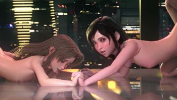 2boys 2girls 3d aerith_gainsborough age_difference aged_down animated asymmetrical_docking black_eyeshadow black_hair breast_press brown_hair city completely_nude eyelashes eyeliner eyeshadow final_fantasy final_fantasy_vii flat_chest from_side green_eyes hetero holding_hands indoors interlocked_fingers lips loli lolpantsu long_hair looking_afar looking_at_another looking_back makeup multiple_boys multiple_girls night nipples nose nude out-of-frame_censoring parted_lips red_eyes reflection rolling_eyes sex sex_from_behind sideways_glance square_enix tagme tifa_lockhart top-down_bottom-up vaginal video window