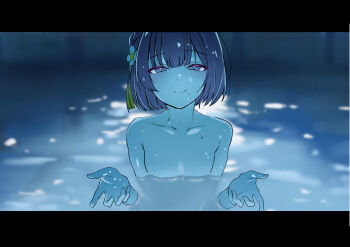 1girl absurdres blue_eyes blue_hair blue_theme breasts chainsaw_man closed_mouth commentary_request flower gakuen_idolmaster hair_flower hair_ornament hataya_misuzu highres i&#039;ll_teach_you_everything_(chainsaw_man) idolmaster looking_at_viewer partially_submerged pool small_breasts solo yuetsu_saru