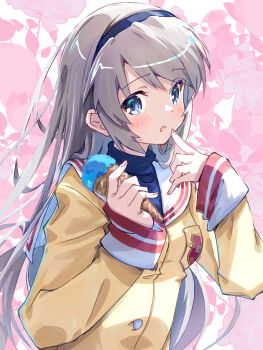 Rule 34 | 1girl, akayama yukihe, blue eyes, blue shirt, blush, breasts, cardigan, fingernails, food, grey hair, hairband, highres, holding, holding food, holding ice cream, ice cream, ice cream cone, key (company), long hair, long sleeves, looking at viewer, neckerchief, open mouth, sailor collar, sakagami tomoyo, school uniform, serafuku, shirt, small breasts, solo, turtleneck, upper body