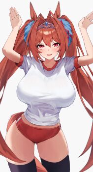 1girl animal_ears arms_up black_thighhighs blush breasts brown_hair buruma daiwa_scarlet_(umamusume) fang gym_shirt hair_between_eyes hair_intakes highres horse_ears horse_girl horse_tail large_breasts leste_(humansequencer) long_hair looking_at_viewer open_mouth red_buruma red_eyes shirt short_sleeves skin_fang smile solo sweat tail thighhighs tiara tracen_training_uniform twintails umamusume very_long_hair white_shirt