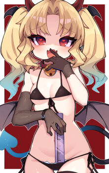 1girl :d asymmetrical_gloves bell bikini black_bikini black_gloves blonde_hair blue_hair blush breasts collar cowboy_shot demon_girl demon_horns demon_tail demon_wings dick-o-meter elbow_gloves eyelashes eyeliner fangs female_focus forehead front-tie_bikini_top front-tie_top gloves gradient_hair hair_intakes hand_to_own_mouth hand_up heart heart-shaped_pupils highres horns jingle_bell kotoba_(1074421015) loli long_hair looking_at_viewer makeup measuring micro_bikini multicolored_hair naughty_face navel neck_bell open_mouth parted_bangs red_eyeliner red_eyes ruler side-tie_bikini_bottom skin_fangs small_breasts smile solo string_bikini swimsuit symbol-shaped_pupils tail thigh_gap twintails two-tone_hair wavy_hair wings wristband