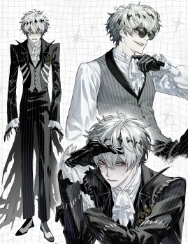 1boy arm_up ascot black_gloves closed_mouth colored_skin commentary english_commentary full_body gloves grey_hair grey_vest hair_between_eyes highres long_sleeves looking_at_viewer looking_to_the_side multiple_views pants pinstripe_pants pinstripe_pattern pinstripe_vest red_eyes rinrinririn187 round_eyewear shirt short_hair skully_j._graves smile sunglasses twisted_wonderland upper_body vest waistcoat white_ascot white_background white_shirt white_skin