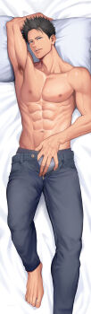 1boy abs absurdres arm_up armpit_hair bara barefoot black_eyes black_hair collarbone comiket_107 commentary_request d-red dakimakura_(medium) denim grey_male_underwear highres jeans looking_at_viewer lying male_focus male_underwear male_underwear_peek muscular muscular_male nipples on_back open_fly original pants pectorals pillow seductive_smile short_hair smile solo tongue tongue_out underwear veins veiny_arms