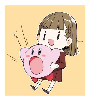 Rule 34 | 1girl, :d, :o, border, brown dress, brown shoes, chibi, chibi only, commentary, crossover, dress, hasu no sora school uniform, highres, holding, kachimachi kosuzu, kanduki kamibukuro, kirby, kirby (series), link! like! love live!, long sleeves, love live!, medium dress, nintendo, open mouth, pleated dress, sailor collar, sailor dress, school uniform, shoes, simple background, smile, socks, virtual youtuber, white border, white sailor collar, white socks, winter uniform, yellow background, | |
