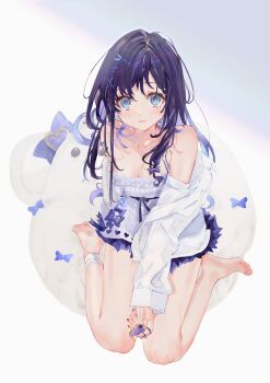 1girl aiba_uiha bandages bare_legs barefoot black_hair blue_eyes blush bow breasts cardigan cleavage collarbone commentary dress feet full_body hair_bow hair_ornament hairclip highres jacket jewelry legs light_smile long_hair long_sleeves looking_at_viewer medium_breasts mole multicolored_hair nail_polish nijisanji off_shoulder open_mouth portrait purple_bow purple_hair purple_nails ring shia_job sitting smile solo stuffed_animal stuffed_toy sweater toy two-tone_hair virtual_youtuber wariza white_dress white_jacket