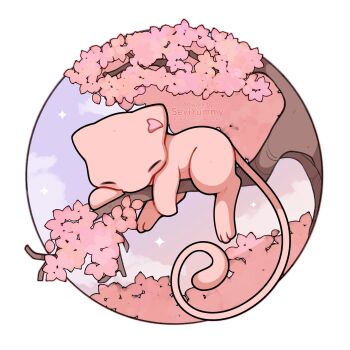 absurdres artist_name border branch cherry_blossoms closed_eyes cloud commentary gen_1_pokemon highres legendary_pokemon lying_on_branch mew_(pokemon) mythical_pokemon nintendo no_humans on_branch outline outside_border pink_outline pokemon pokemon_(creature) round_border sevi_(seviyummy) sky sparkle tree white_border