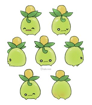 ^_^ ass closed_eyes closed_mouth commentary english_commentary multiple_views nintendo no_humans one_eye_closed open_mouth pokemon pokemon_(creature) rekcmas simple_background sitting smoliv twitter_username wavy_mouth white_background