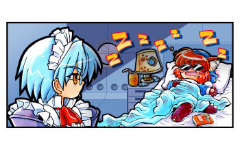 2girls absurdres animal_ears apron ascot bed_sheet blanket blue_dress blue_hair blue_hat blue_pajamas blush_stickers brand_name_imitation can cat_ears cat_girl child closed_mouth commentary desk_lamp dinosaur_costume dinosaur_tail door dress drinking_straw drooling expressionless fangs food g-on_riders glasses hat highres indoors kokomahi lamp lampshade looking_at_another lying maid maid_apron maid_headdress multiple_girls nightcap nightstand official_art on_back on_bed open_mouth opening_door orange_hair pajamas pao_(g-on_riders) pillow pocky red_ascot short_hair sleeping smile standing sunglasses tail teeth under_covers upper_teeth_only white_apron yellow_eyes zero_(g-on_riders) zzz