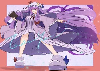 Rule 34 | 1girl, ;), absurdly long hair, absurdres, blue bow, blue ribbon, book, bow, breasts, closed mouth, commentary request, crescent, crescent hat ornament, dress, footwear bow, full body, hair bow, hat, hat ornament, hat ribbon, heart, highres, holding, holding book, large breasts, light particles, long hair, looking at viewer, magic, mob cap, one eye closed, open book, patchouli knowledge, pointing, purple eyes, purple shoes, red bow, red ribbon, ribbon, robe, shoes, signature, smile, solo, striped clothes, striped dress, tooya0130, touhou, translation request, vertical-striped clothes, vertical-striped dress, very long hair, wide sleeves