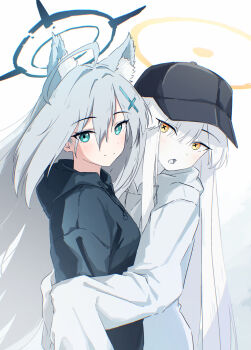 2girls ahoge animal_ear_fluff animal_ears baseball_cap black_hat black_hoodie blue_archive blue_eyes blue_halo blush commentary_request double-parted_bangs drawstring from_side grey_hair hair_between_eyes halo hat highres hood hood_down hoodie hug long_hair long_sidelocks looking_at_viewer malkuth_(blue_archive) mismatched_pupils multiple_girls open_mouth orange_eyes shiroko_terror_(blue_archive) sidelocks simple_background sleeves_past_fingers sleeves_past_wrists smile sugidoritos symbol-shaped_pupils turning_head white_background white_hair white_hoodie wolf_ears x-shaped_pupils yellow_halo
