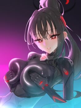 1girl absurdres agnamore black_bodysuit black_hair blue_archive blush bodysuit breast_press breasts breasts_squeezed_together collarbone deep_skin facing_viewer grabbing_own_breast gradient_background hair_between_eyes hair_ornament highres huge_breasts impossible_clothes large_breasts lips long_hair looking_at_viewer mecha_pilot_suit official_alternate_costume parted_lips partially_submerged ponytail red_eyes ribbon rio_(blue_archive) rio_(bodysuit)_(blue_archive) sidelocks simple_background skin_tight skindentation smile soft_breasts solo very_long_hair water wet