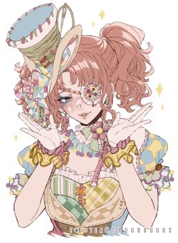 1girl art_of_tailoring_(infinity_nikki) blue_sleeves blunt_bangs bow bow_choker bowtie braid brown_eyes buttons checkered_bow checkered_clothes checkered_dress checkered_sleeves choker collar commentary criis-chan cropped_torso diamond_facial_mark dress earrings english_commentary eyelashes eyepatch facepaint facial_mark fishnet_gloves fishnets frilled_collar frilled_dress frilled_eyepatch frilled_sleeves frilled_wrist_cuffs frills gloves green_bow green_bowtie green_hat hair_tie half-closed_eye half_up_braid happy hat hat_bow infinity_nikki jewelry lipstick lolita_fashion looking_at_viewer makeup marking_on_cheek multicolored_bow multicolored_dress needle nikki_(series) orange_hair parted_bangs parted_lips patchwork_clothes pink_bow pink_choker pink_lips pink_wrist_cuffs plaid_bow plaid_bowtie plaid_clothes plaid_dress polka_dot polka_dot_bow pom_pom_(clothes) puffy_short_sleeves puffy_sleeves ribbon-trimmed_dress ribbon_trim sewing_needle short_hair short_sleeves short_twintails simple_background smile solo sparkle teeth thread top_hat twintails twitter_username two-tone_sleeves two-tone_wrist_cuffs wavy_hair white_background white_gloves wrist_cuffs yellow_sleeves yellow_wrist_cuffs