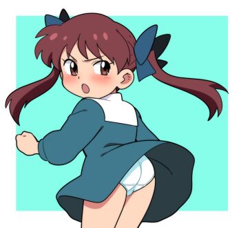 1girl angry ass blue_background blue_bow blue_dress blush bow brown_eyes brown_hair dress from_behind hair_bow hakihara_kotone leaning_forward loli long_hair long_sleeves looking_at_viewer looking_back open_mouth original panties standing twintails underwear white_panties wind wind_lift yume_yoroi