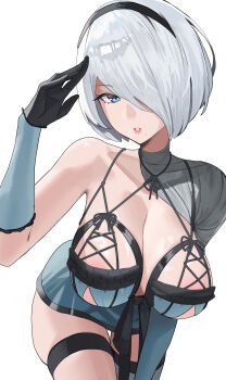 1girl 2b_(nier:automata) absurdres areola_slip bandaged_neck bandages black_hairband blue_eyes blue_negligee breasts cleavage clothing_cutout collarbone commentary_request cosplay gloves hairband hand_up highres kaine_(nier) kaine_(nier)_(cosplay) large_breasts lingerie mole mole_under_mouth negligee nier nier:automata nier_(series) no_blindfold short_hair single_bare_shoulder single_thighhigh solo thigh_strap thighhighs thighs underboob_cutout underwear white_hair yano_(user_ejth4288)