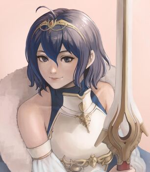 1girl blue_eyes blue_hair breasts cape falchion_(fire_emblem) female_morgan_(fire_emblem) fire_emblem fire_emblem_awakening lynarc medium_breasts medium_hair short_hair solo sword tiara weapon
