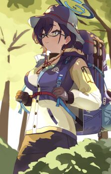 1girl absurdres backpack bag black_gloves black_hair blue-framed_eyewear blue_archive blue_eyes blue_hat blue_jacket breasts bucket_hat bush chihiro_(blue_archive) chihiro_(camp)_(blue_archive) cowboy_shot from_side glasses gloves green_eyes hair_between_eyes halo hat highres hiking_backpack holding_strap jacket koiparry large_breasts long_sleeves looking_ahead multicolored_jacket official_alternate_costume official_alternate_hairstyle outdoors ponytail purple_halo short_hair short_ponytail solo tree two-tone_jacket undershirt white_jacket