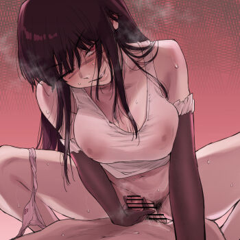 1boy 1girl bar_censor bare_shoulders black_hair blush breasts censored chainsaw_man commentary_request covered_erect_nipples cowgirl_position elbow_gloves erection female_pubic_hair gloves hetero highres imminent_penetration kouya_toufu large_breasts long_hair looking_at_viewer male_pubic_hair navel one_eye_closed panties panties_around_leg parted_lips penis pink_background pink_panties pov pubic_hair puffy_nipples red_eyes scar scar_on_face sidelocks smile squatting_cowgirl_position straddling sweat tank_top underwear white_tank_top yoru_(chainsaw_man)